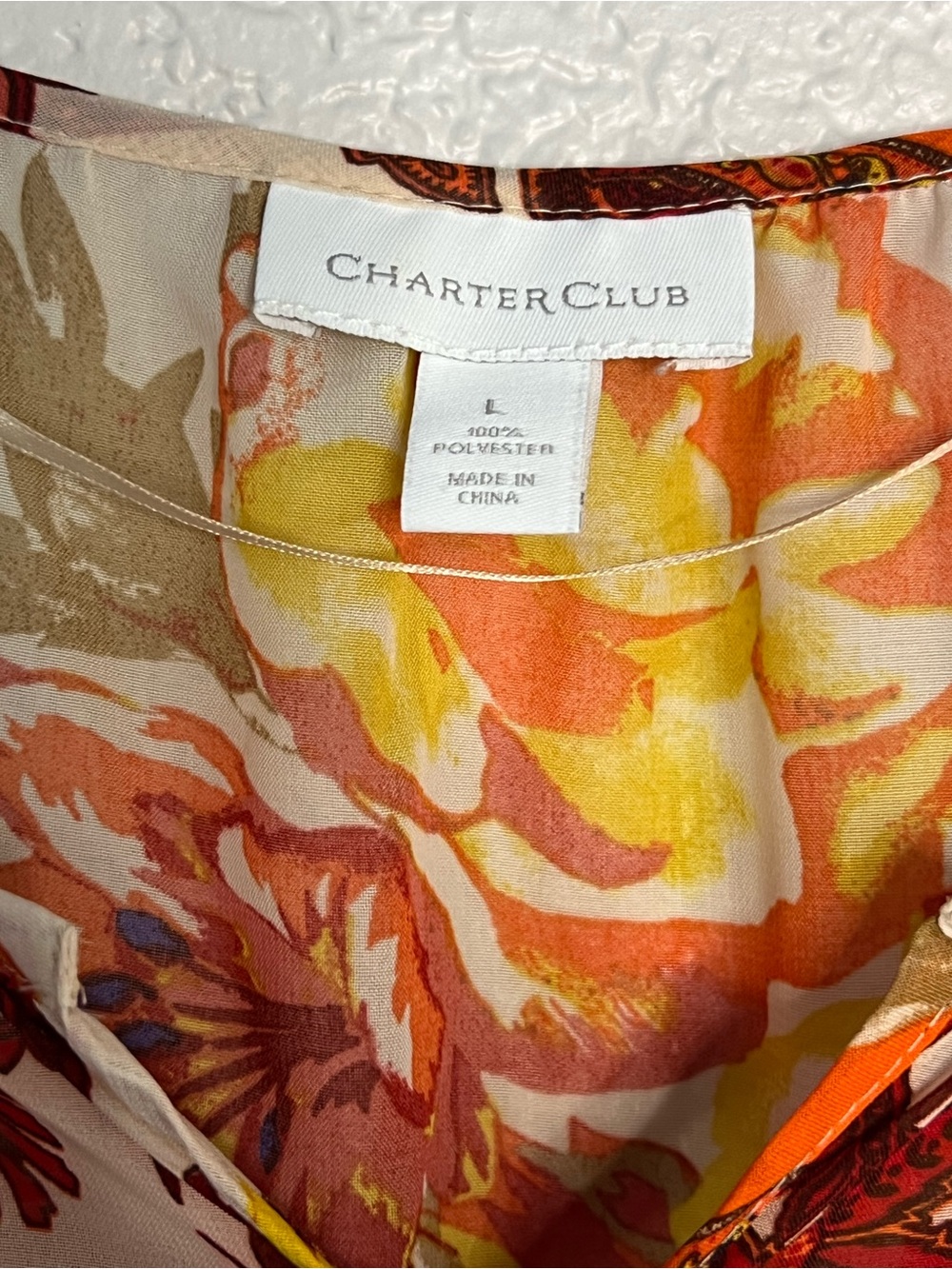 Charter Club Floral Peasant Blouse Boho Orange Beige Tie Neck Sheer Sleeve Top L - Picture 4 of 10